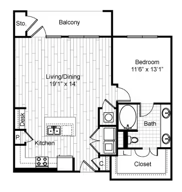 1 Bedroom 11G 368 floor plan